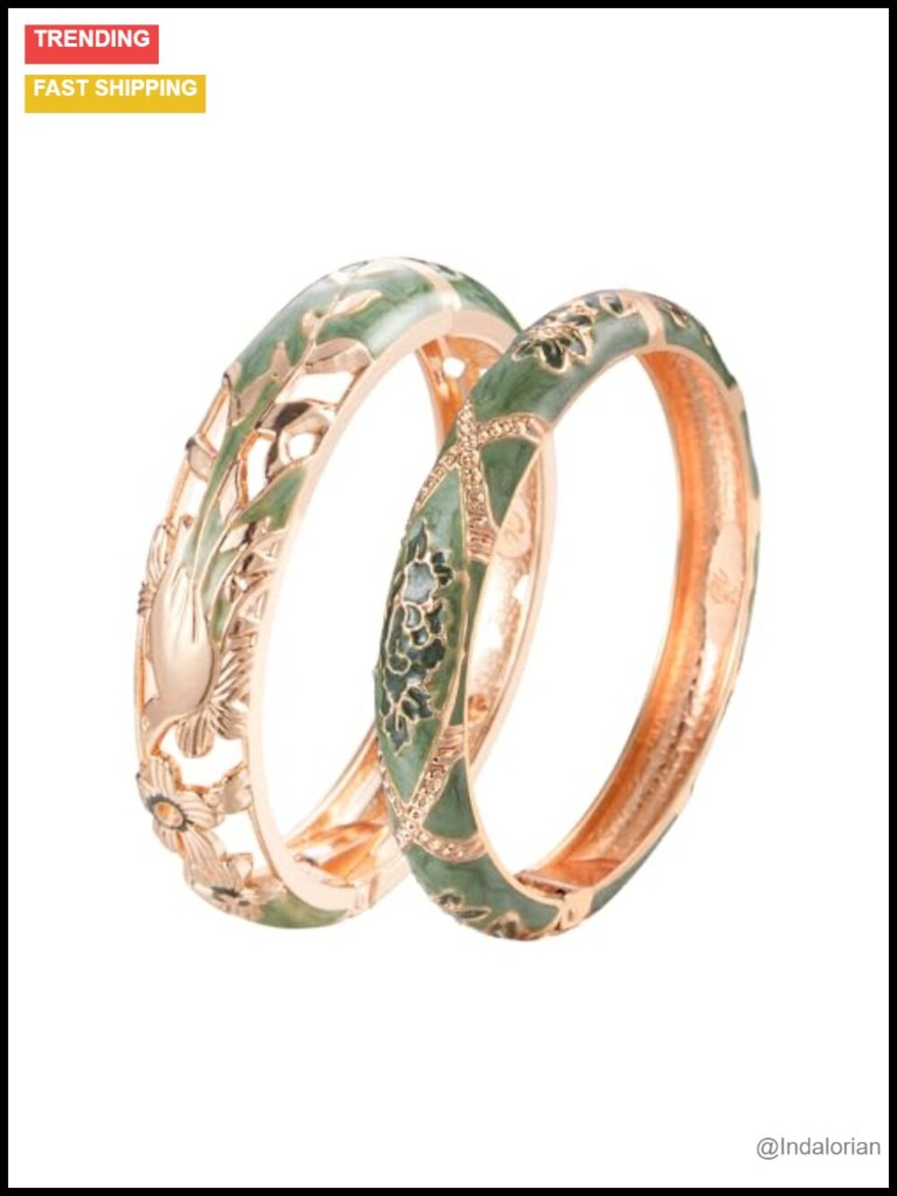 Vintage Enamel Hinged Cuff Bangles Set Floral Bird Design